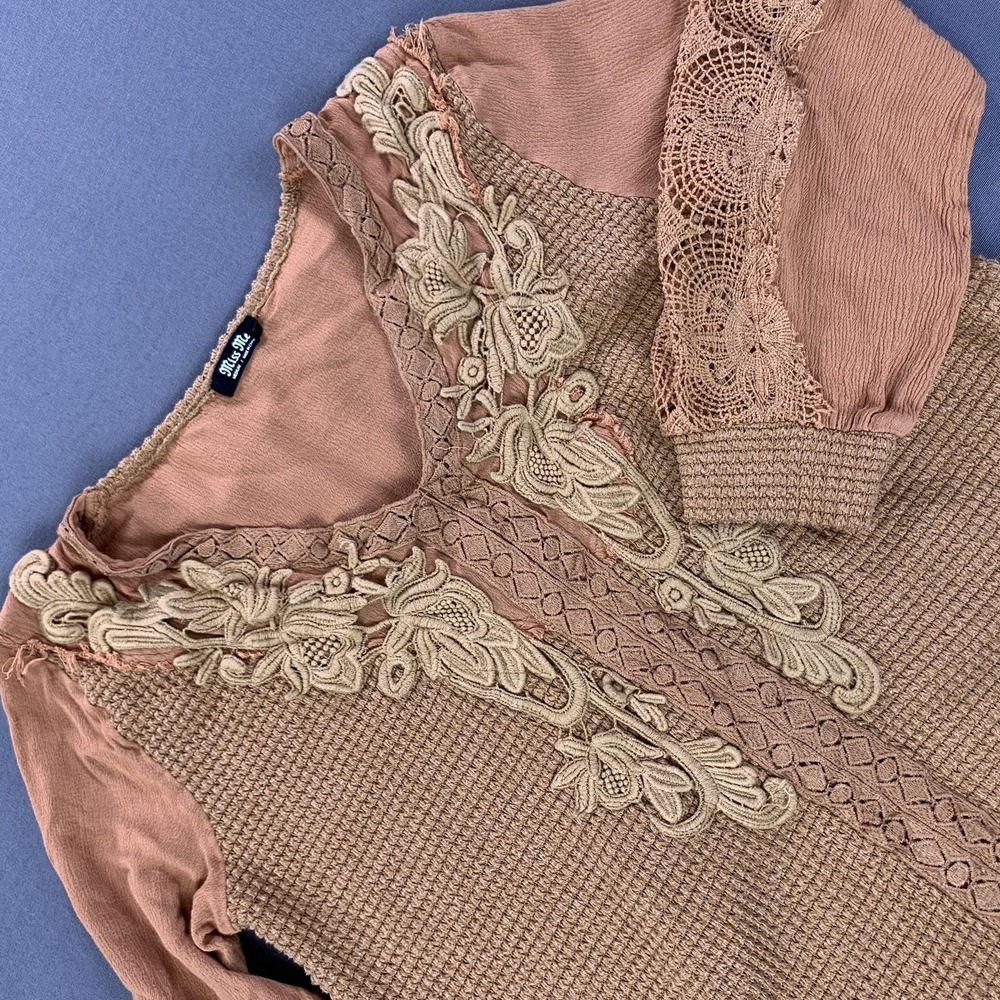 Miss Me Shirt Womens Medium Brown Crochet Lace Boho Long Sleeve Tunic Top